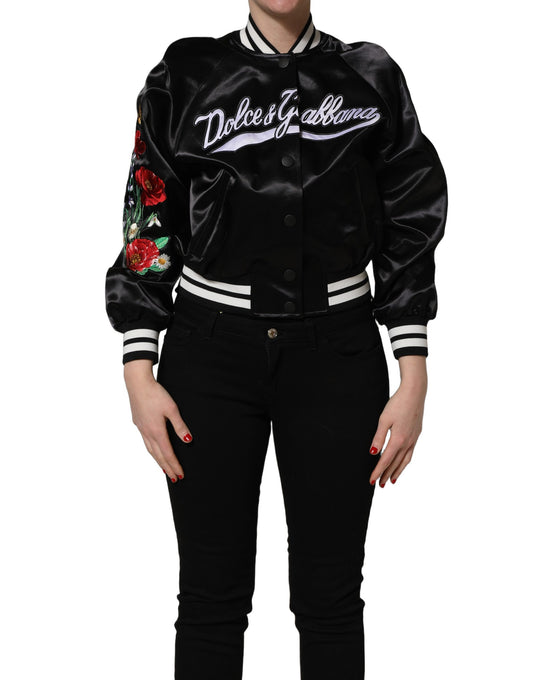 Veste Dolce & Gabbana femme bomber satin brodé fleurs en coton noir – JKT41819