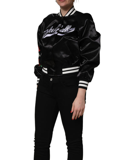 Veste Dolce & Gabbana femme bomber satin brodé fleurs en coton noir – JKT41819