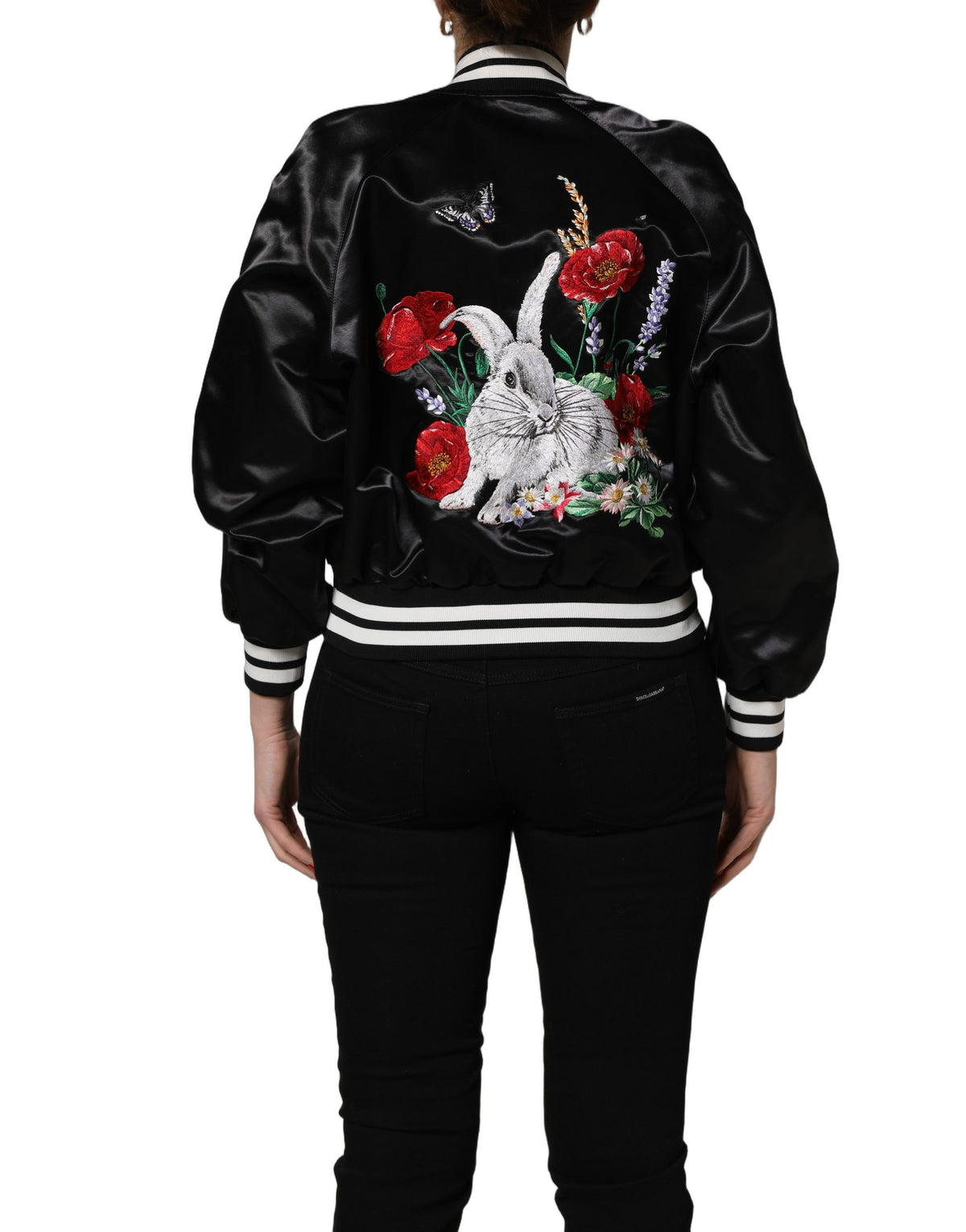 Veste Dolce & Gabbana femme bomber satin brodé fleurs en coton noir – JKT41819