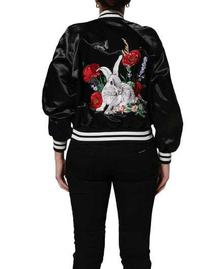 Veste Dolce & Gabbana femme bomber satin brodé fleurs en coton noir – JKT41819