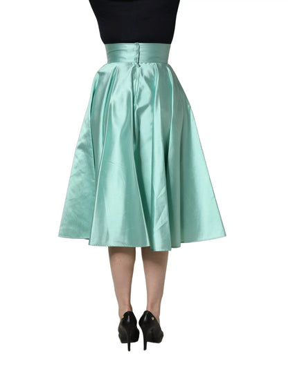 Dolce & Gabbana Green Satin High-Waisted Pleated A-line Midi Skirt by Dolce & Gabbana