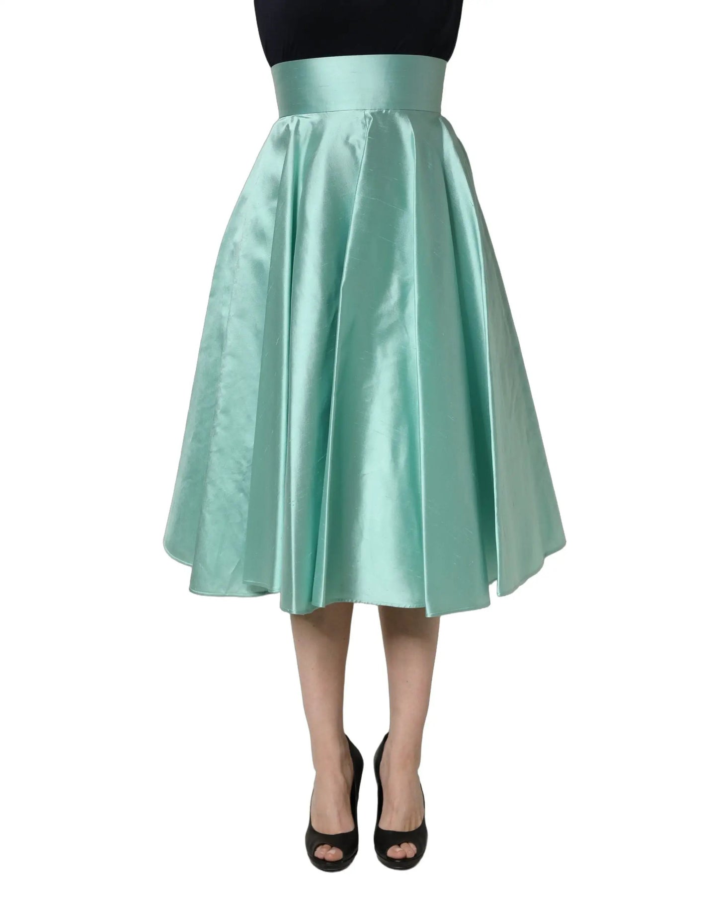 Dolce & Gabbana Green Satin High-Waisted Pleated A-line Midi Skirt by Dolce & Gabbana