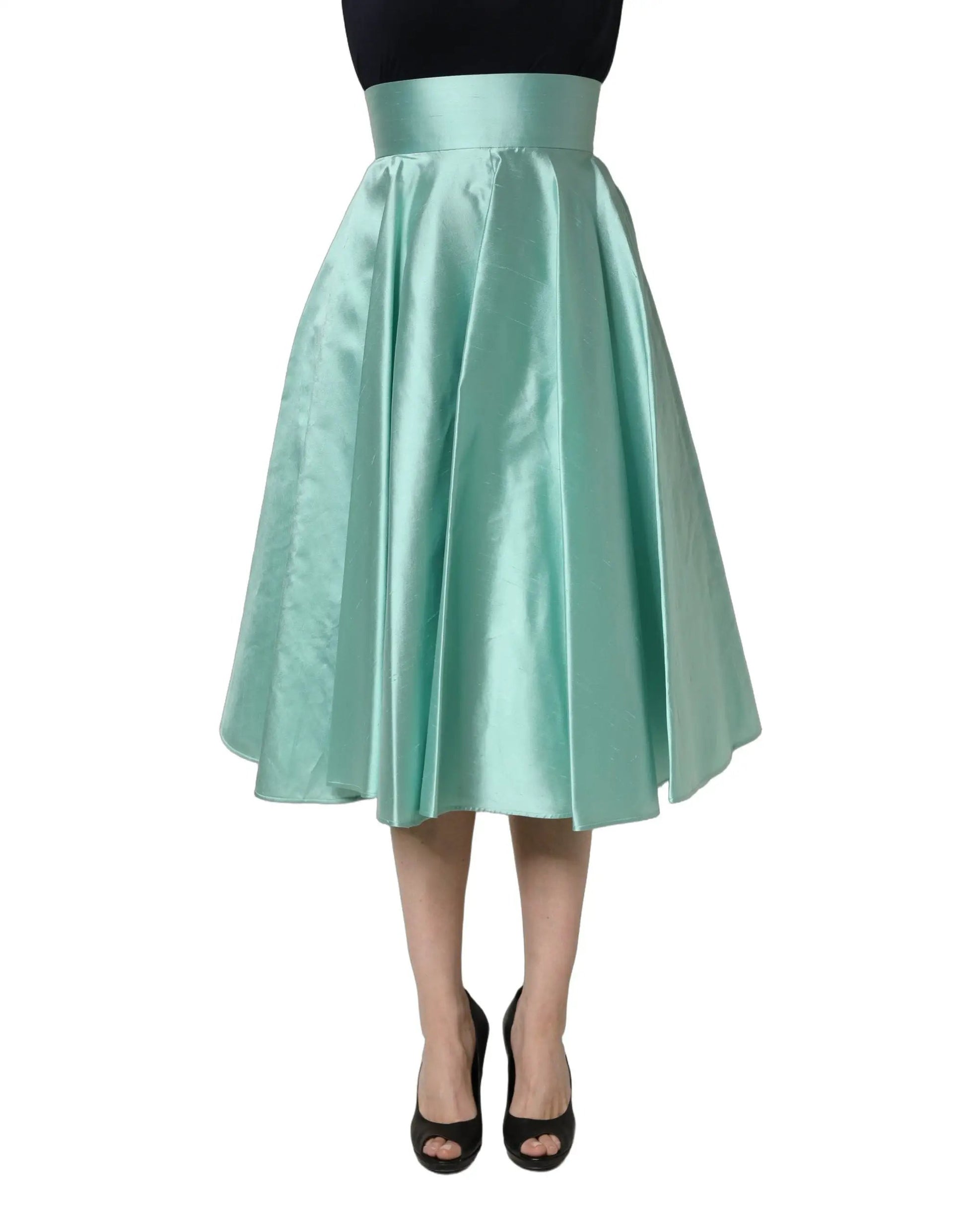 Dolce & Gabbana Green Satin High-Waisted Pleated A-line Midi Skirt by Dolce & Gabbana
