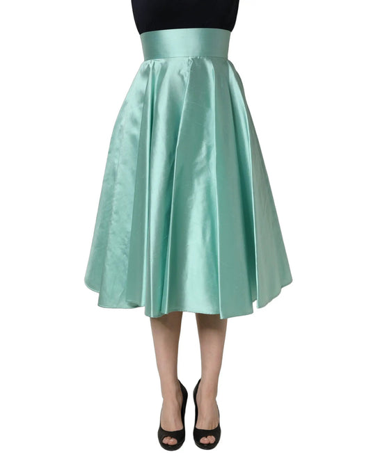 Dolce & Gabbana Green Satin High-Waisted Pleated A-line Midi Skirt by Dolce & Gabbana