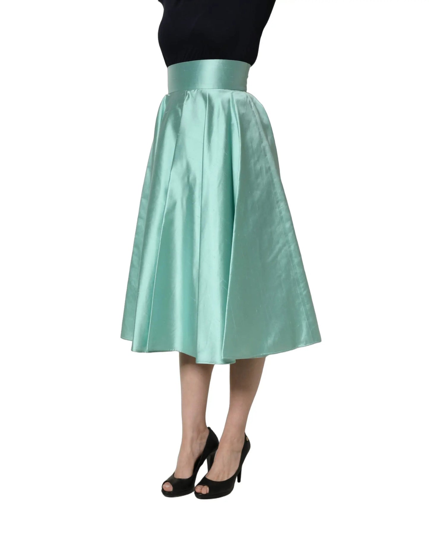 Dolce & Gabbana Green Satin High-Waisted Pleated A-line Midi Skirt by Dolce & Gabbana