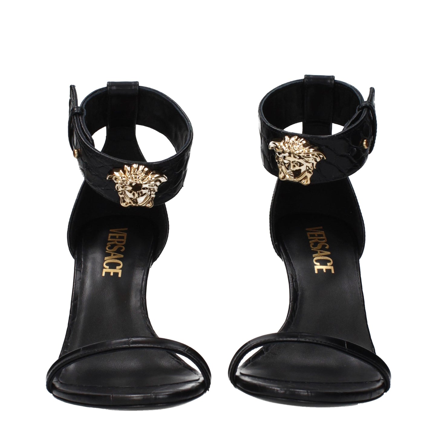 Versace – Sandales à Talon Stiletto en Cuir Noir | Détail Latéral Signature