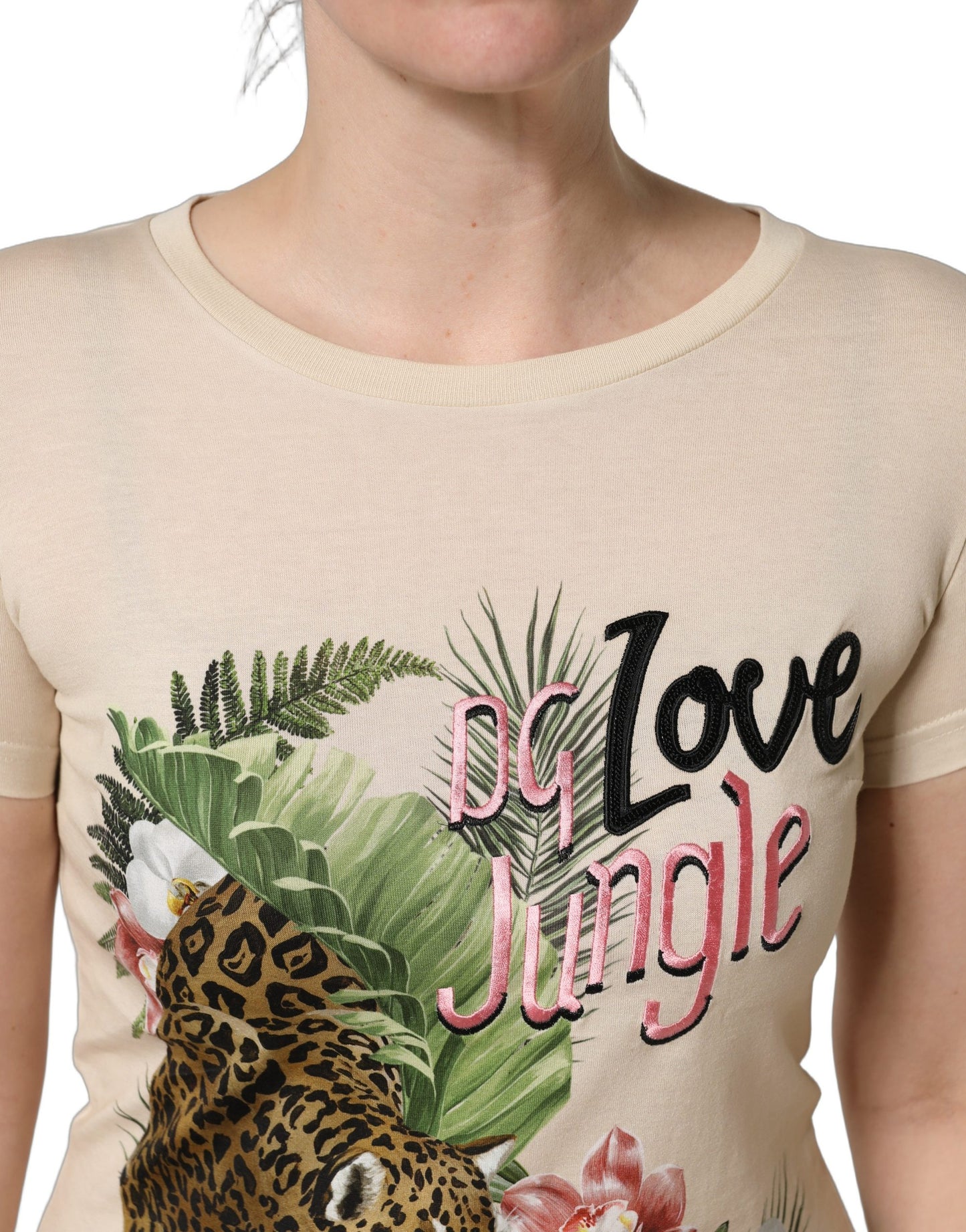 Dolce & Gabbana Beige Jungle Print Cotton Round Neck T-Shirt by Dolce & Gabbana