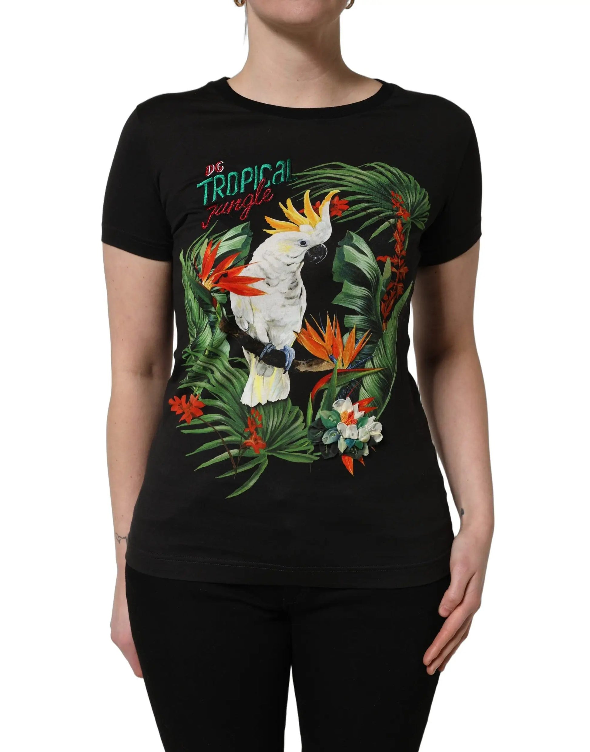 Dolce & Gabbana Black Tropical Print Cotton Round Neck T-Shirt by Dolce & Gabbana