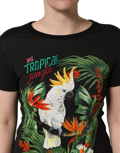 Dolce & Gabbana Black Tropical Print Cotton Round Neck T-Shirt by Dolce & Gabbana
