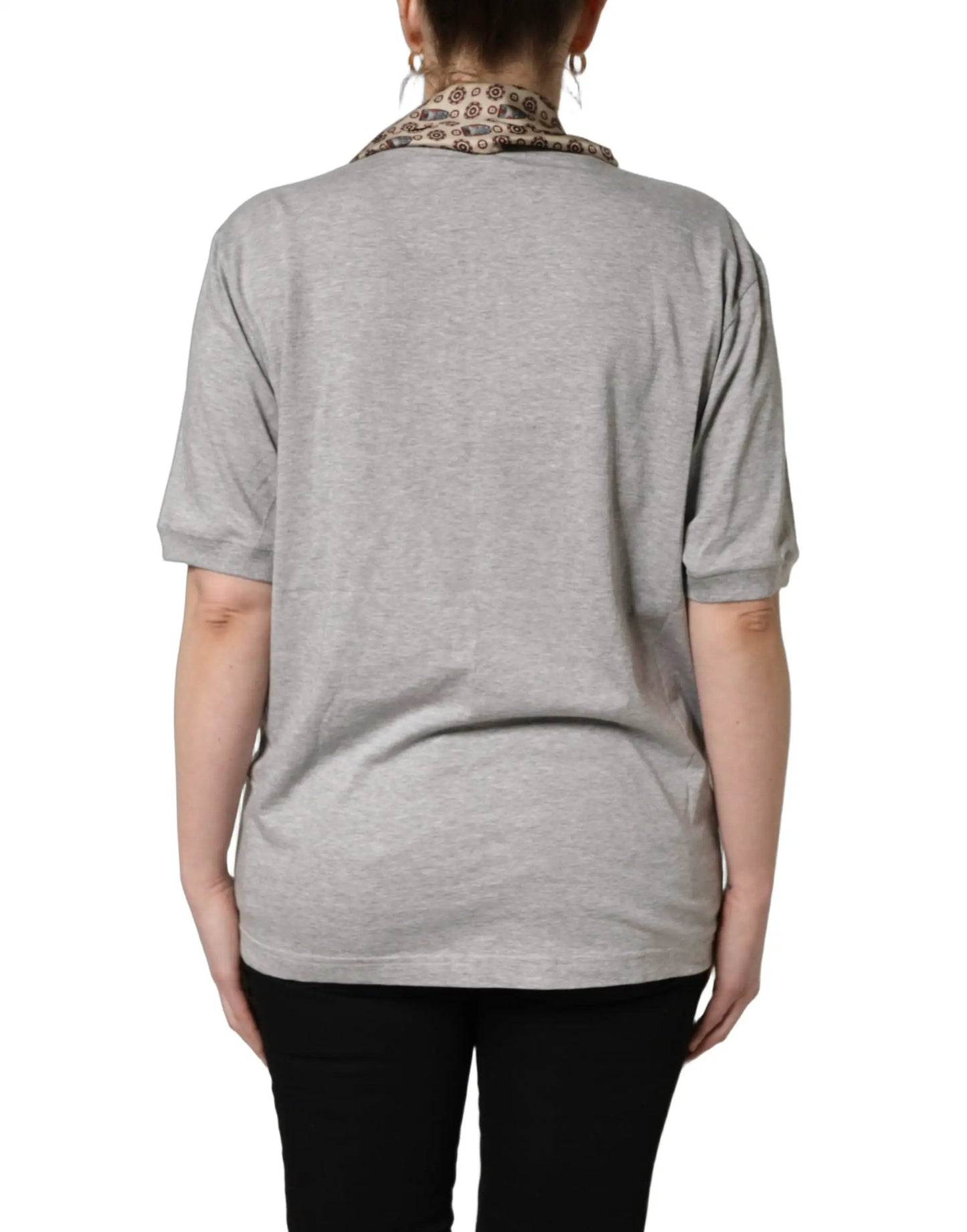 Dolce & Gabbana Gray Cotton V-neck Owl Silk Scarf Top T-shirt by Dolce & Gabbana