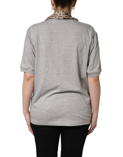 Dolce & Gabbana Gray Cotton V-neck Owl Silk Scarf Top T-shirt by Dolce & Gabbana