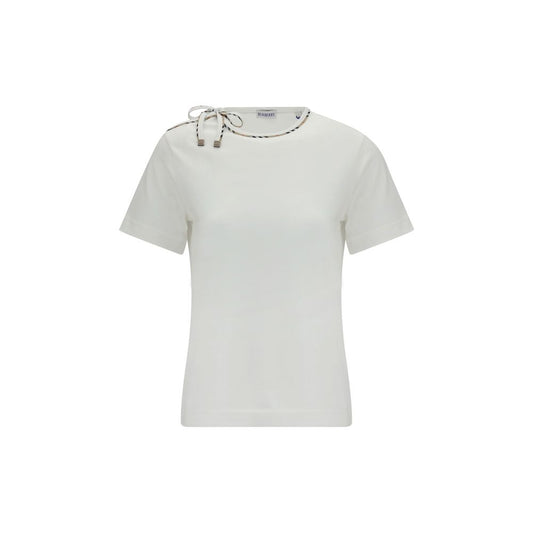 Burberry T-Shirt en Coton Cotélé Blanc – Lacets Manches & Lisières Check Sable | AW26
