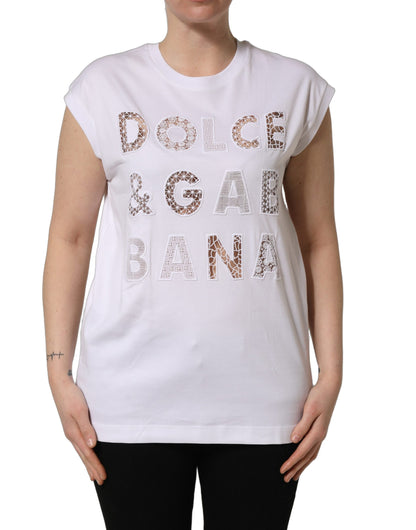 Dolce & Gabbana – Top Sans Manches Blanc | Découpes Crochet Logo | Col Rond | 100% Coton | Femme