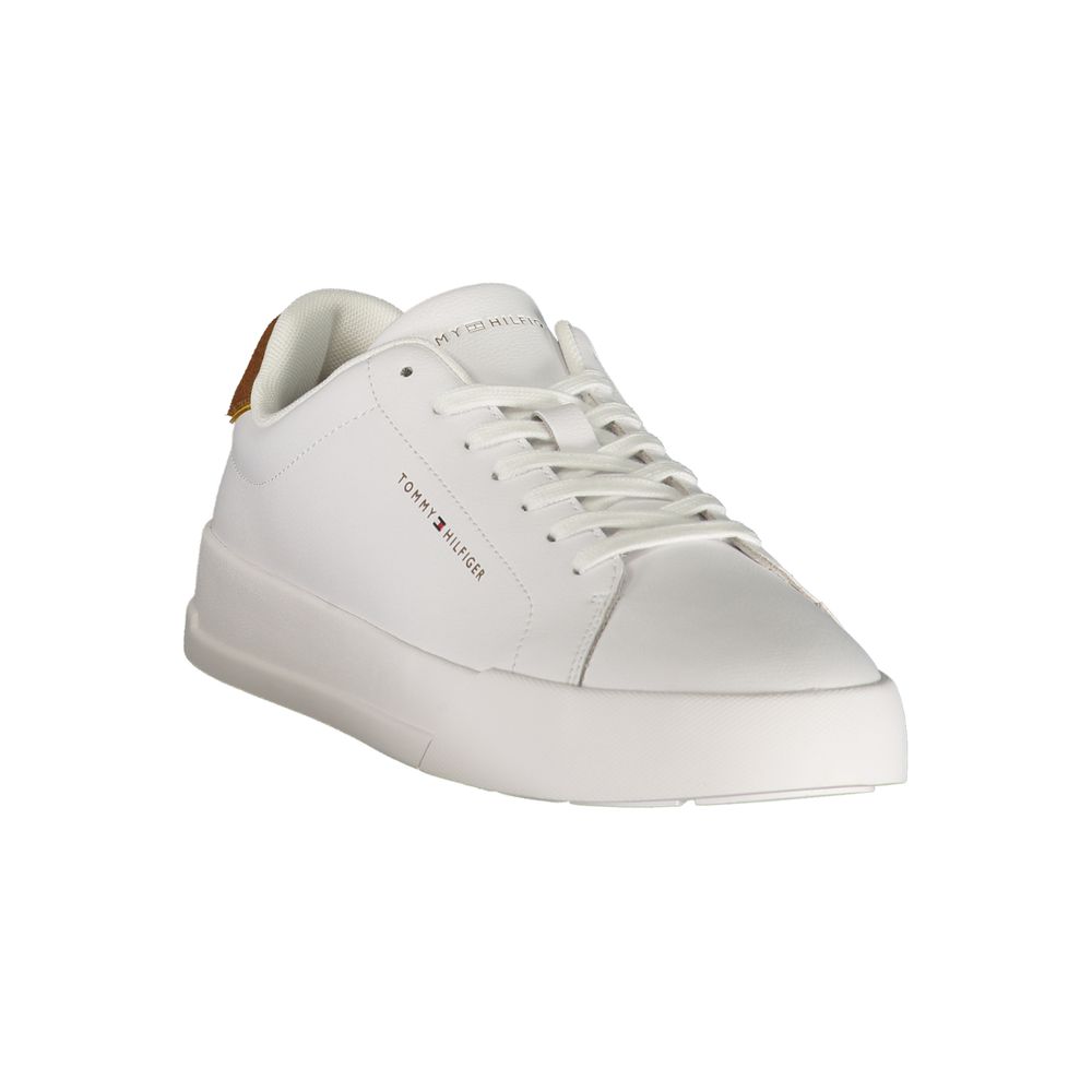 Tommy Hilfiger – Sneakers Homme Blanc | Détails Marron Contrastants | Logo Print | Semelle Amovible