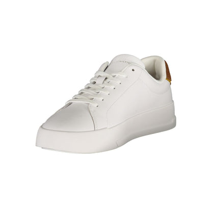Tommy Hilfiger – Sneakers Homme Blanc | Détails Marron Contrastants | Logo Print | Semelle Amovible