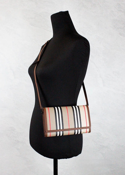Burberry Hannah Icon Stripe Archive Tan E-Canvas Leather Wallet Crossbody Bag