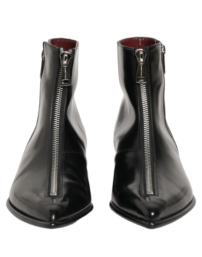 Dolce & Gabbana Black Leather Zipper Mid Calf Men Boots Shoes