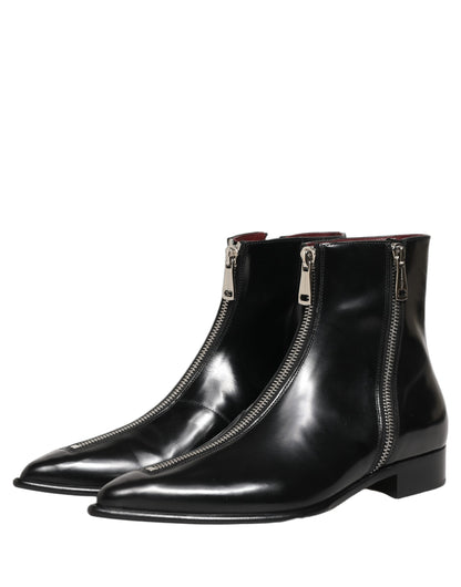Dolce & Gabbana Black Leather Zipper Mid Calf Men Boots Shoes
