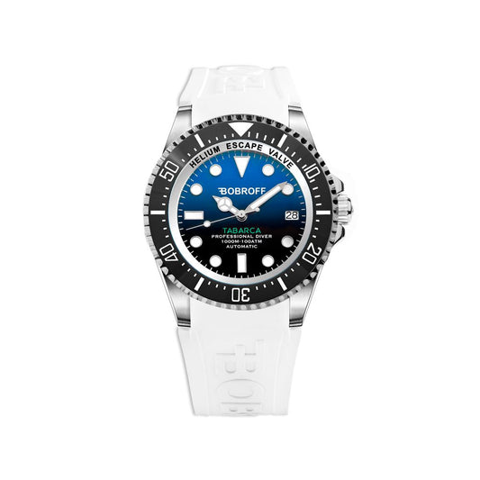 Bobroff Tabarca — Montre Automatique Cadran Bleu, Bracelet Caoutchouc Blanc & 100 ATM