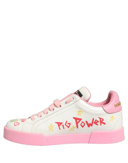 Baskets Dolce & Gabbana femme Portofino Royal Pig en cuir de veau blanc et rose – LA13401