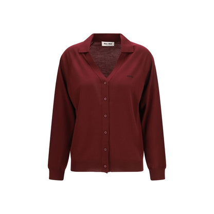 Miu Miu Cardigan Bordeaux — Laine Vierge, Logo Brodé & Fermeture Boutons | AW26