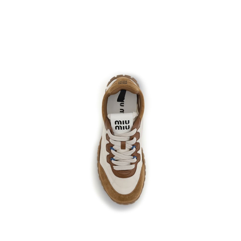 Miu Miu – Sneakers Femme Beige en Tissu & Cuir de Veau | Logo Écran | Semelle EVA Caoutchouc Étoile | AW26