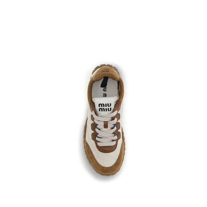 Miu Miu – Sneakers Femme Beige en Tissu & Cuir de Veau | Logo Écran | Semelle EVA Caoutchouc Étoile | AW26