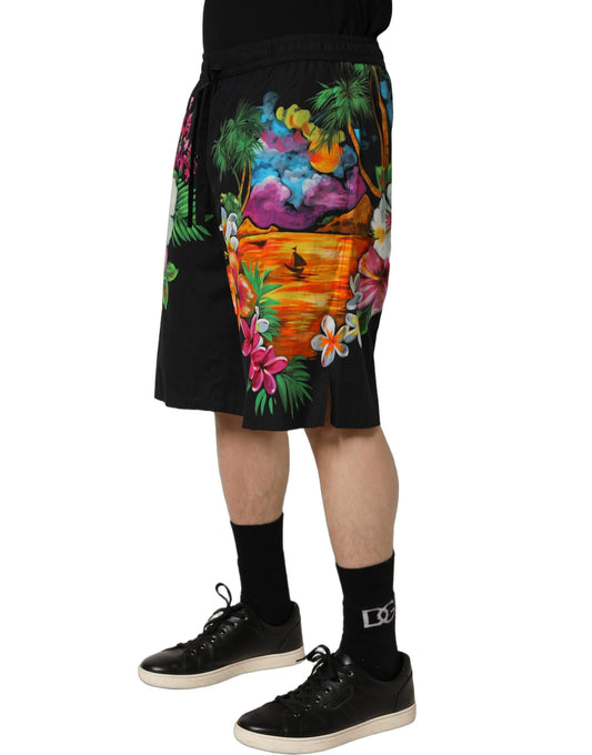 Dolce & Gabbana Bermuda Shorts – Tropical Print, Black Cotton