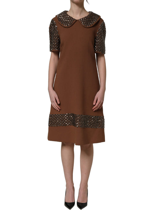 Dolce & Gabbana Robe Midi Shift – Laine Vierge & Cristaux, Brun