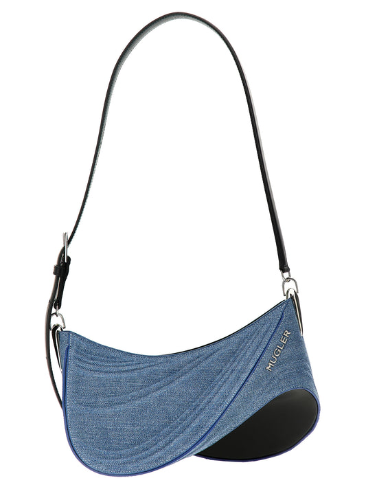 Mugler Spiral Curve 01 Shoulder Bag – Cuir & Denim, Bleu