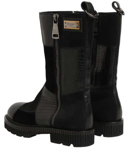 Dolce & Gabbana Short Boots Homme – Patchwork Cuir Cheval & Crocodile, Noir