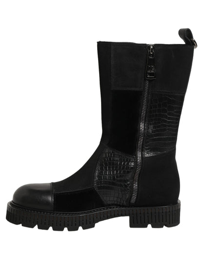 Dolce & Gabbana Short Boots Homme – Patchwork Cuir Cheval & Crocodile, Noir