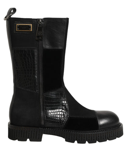 Dolce & Gabbana Short Boots Homme – Patchwork Cuir Cheval & Crocodile, Noir