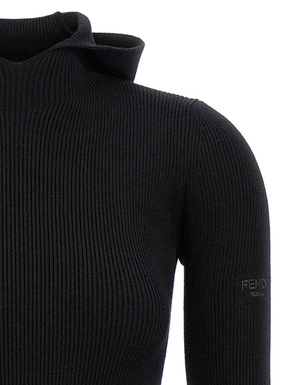 Fendi Robe Courte Femme – Laine & Soie Côtelée, Capuche, Noire
