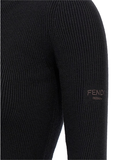 Fendi Robe Courte Femme – Laine & Soie Côtelée, Capuche, Noire