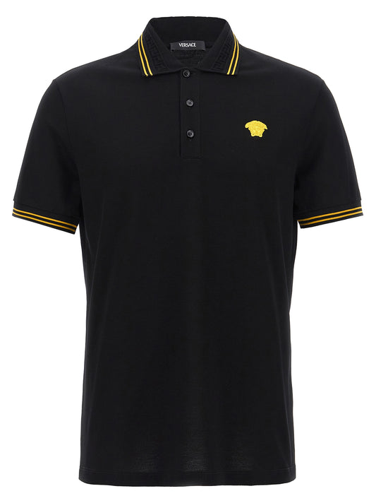 Versace Polo Homme Piqué – Col Jacquard Greca & Patch Méduse, Noir