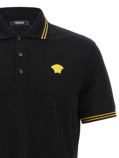 Versace Polo Homme Piqué – Col Jacquard Greca & Patch Méduse, Noir