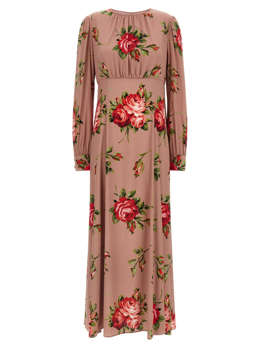 Robe longue Dolce & Gabbana Bouquet Rose Crêpe de Soie Rose Sablier – Authentique | HBPS