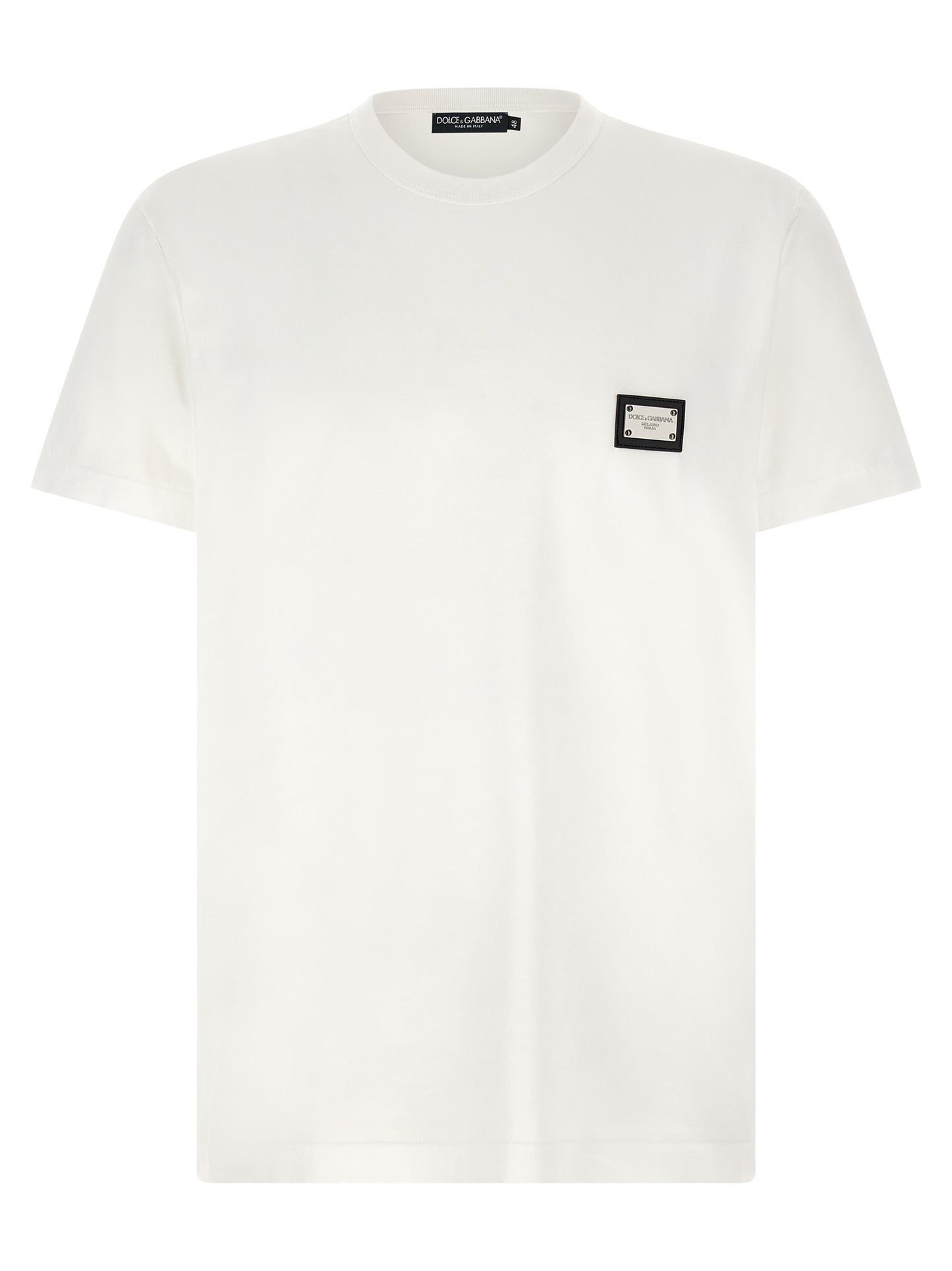 Dolce & Gabbana T-Shirt Homme – Jersey Coton, Patch Cuir & Tag Métal, Blanc