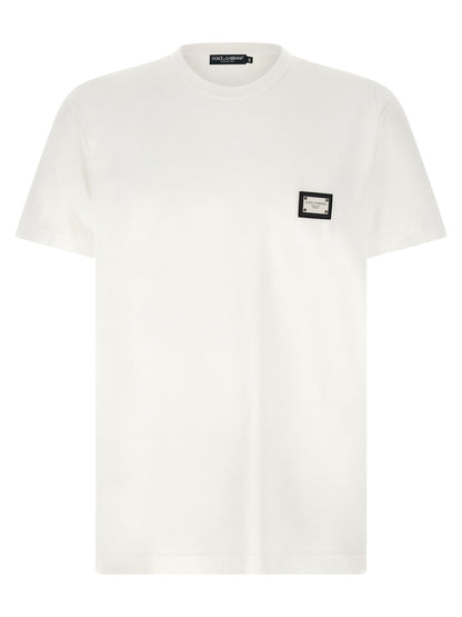 Dolce & Gabbana T-Shirt Homme – Jersey Coton, Patch Cuir & Tag Métal, Blanc
