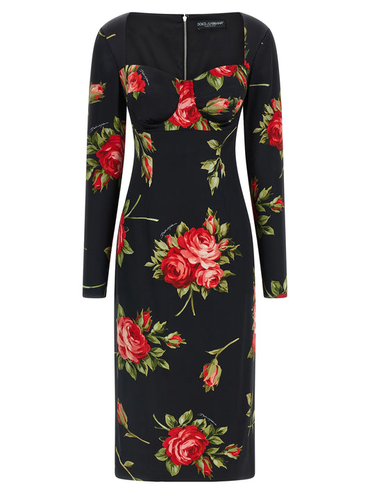 Robe midi Dolce & Gabbana Bouquet Rose Satin Noir Bustier – Authentique | HBPS