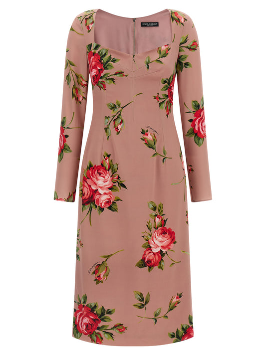 Robe midi Dolce & Gabbana Bouquet Rose Soie Rose Décolleté Cœur – Authentique | HBPS