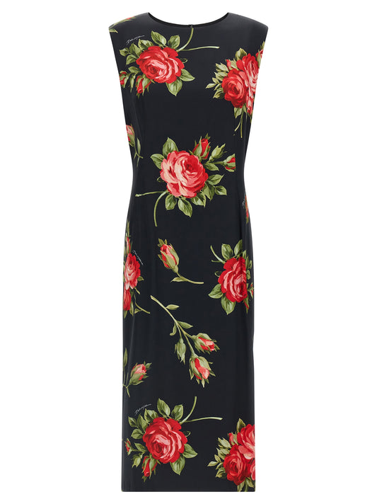 Robe midi Dolce & Gabbana Bouquet Rose Satin Viscose Noir Col Rond – Authentique | HBPS