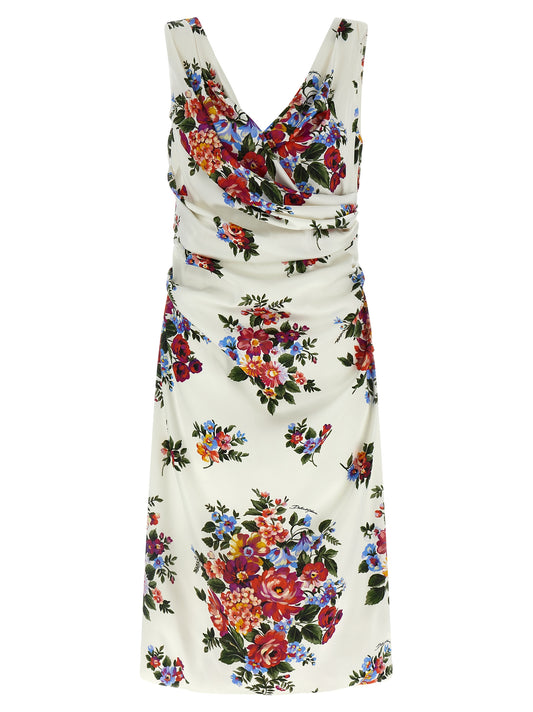 Robe midi Dolce & Gabbana Mazzo di Fiori Satin Viscose Blanc Col V Drapé – Authentique | HBPS