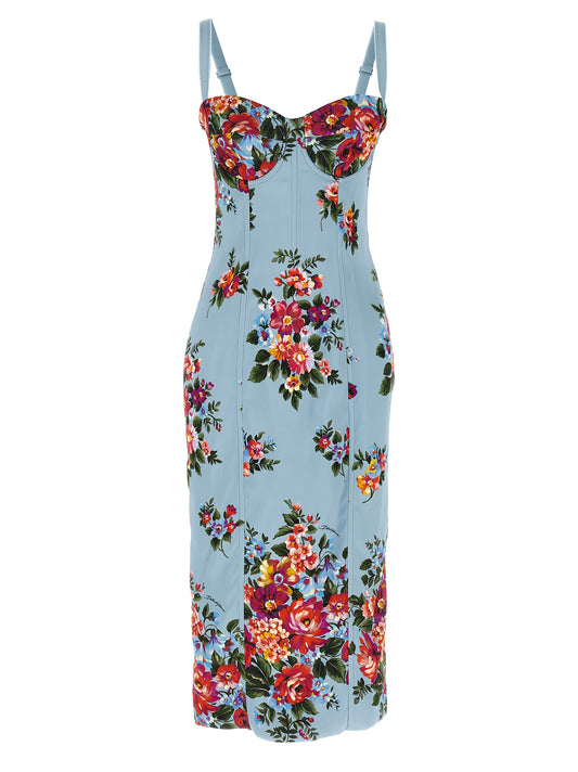 Robe midi Dolce & Gabbana Mazzo di Fiori Satin Stretch Bleu Ciel Corset – Authentique | HBPS