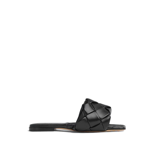 Sandales plates Bottega Veneta Cuir d’Agneau Noir Bout Carré Femme – Authentique | HBPS