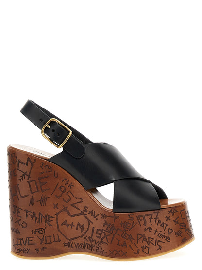 Sandales compensées Chloé Maxime Cuir Veau Noir Bride Croisée Plateforme Bois Femme – Authentique | HBPS