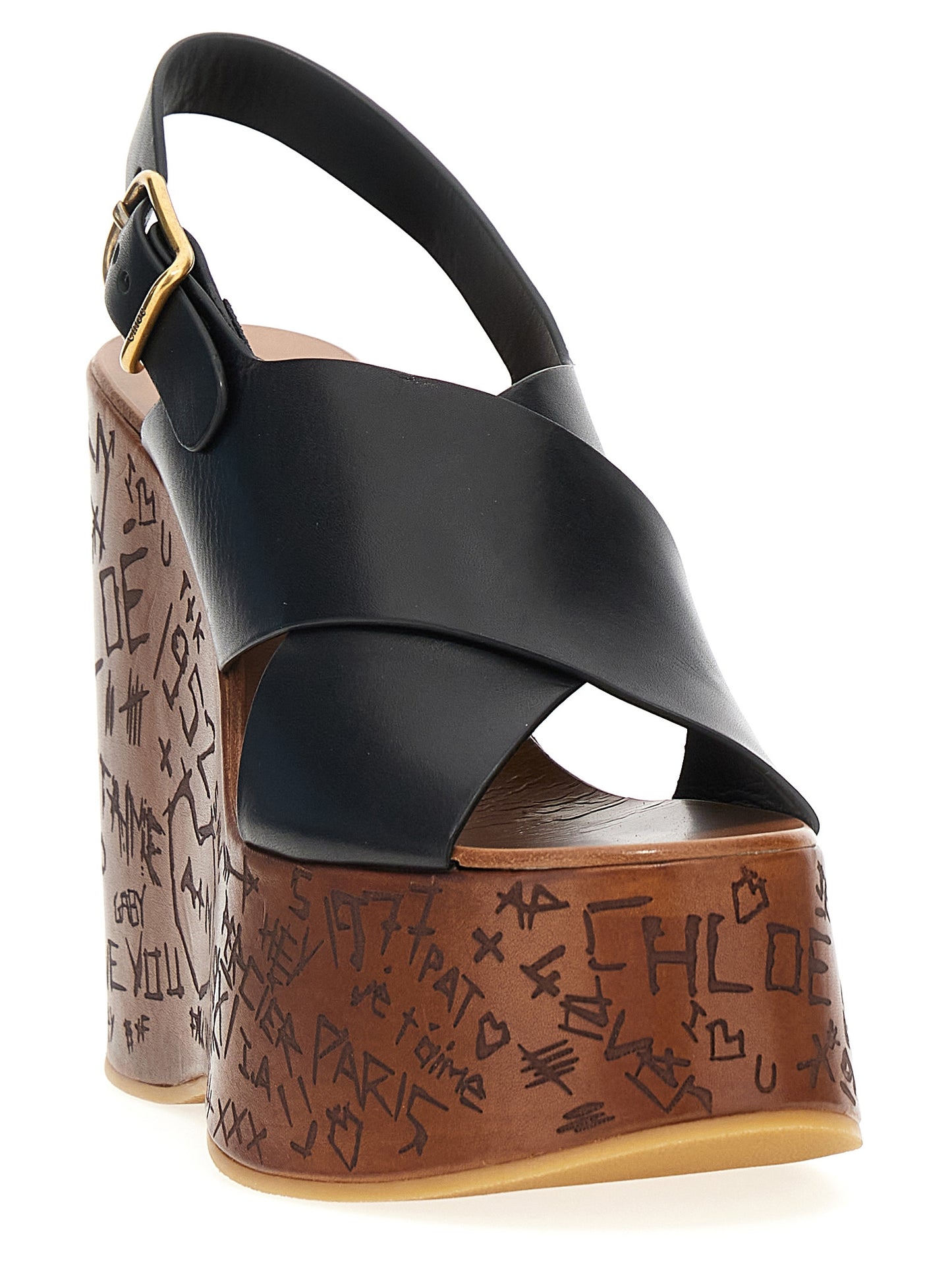 Sandales compensées Chloé Maxime Cuir Veau Noir Bride Croisée Plateforme Bois Femme – Authentique | HBPS