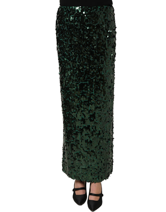 Dolce & Gabbana Green Sequin High Waist Pencil Cut Midi Skirt