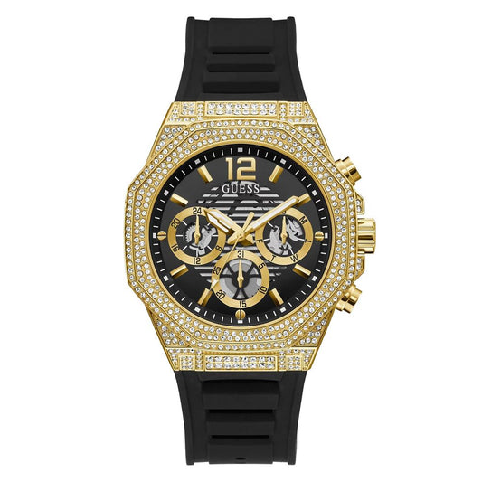 Montre Guess Multifonction Homme – Boîtier Doré, Bracelet Noir | Authentique | HBPS Fashion